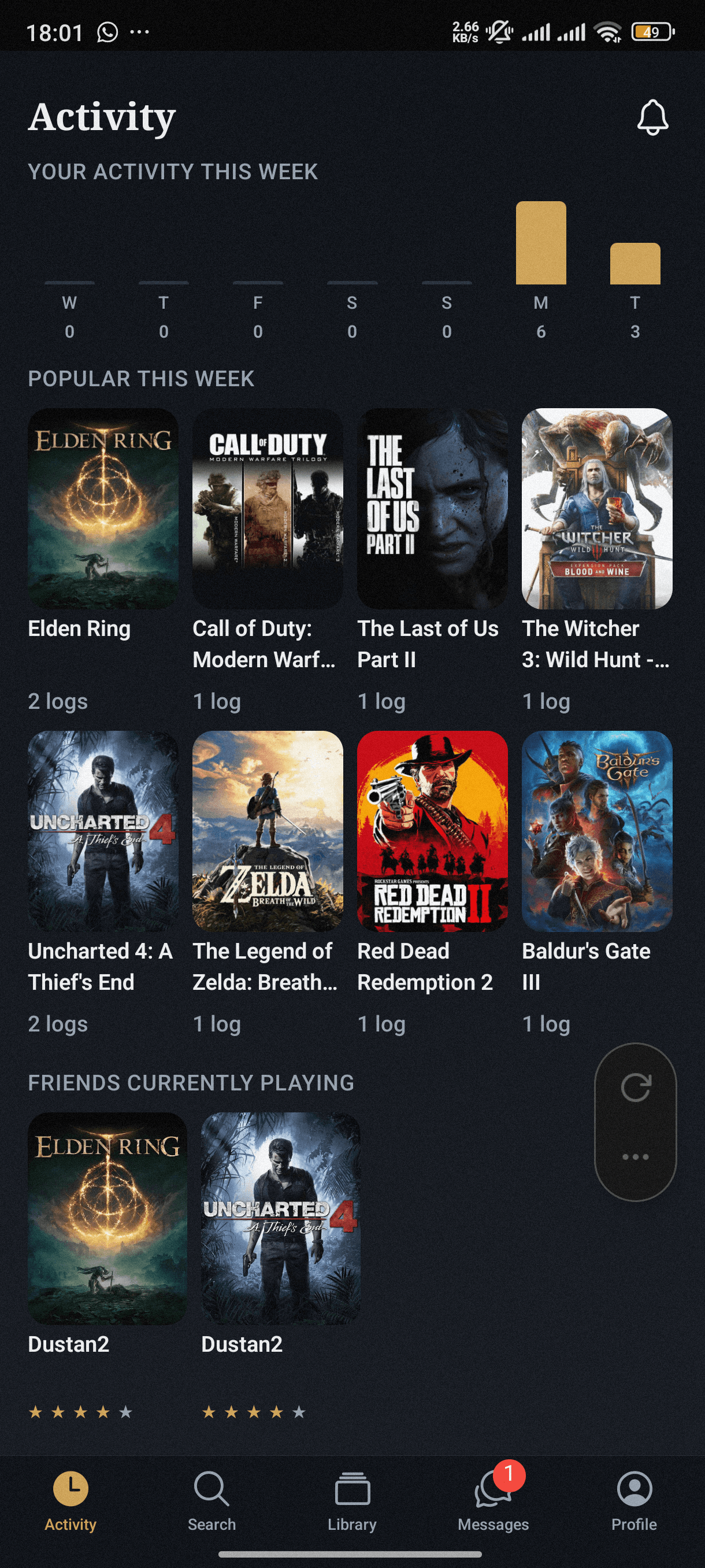 Checkpointd activity feed, showing friends' logs and popular games